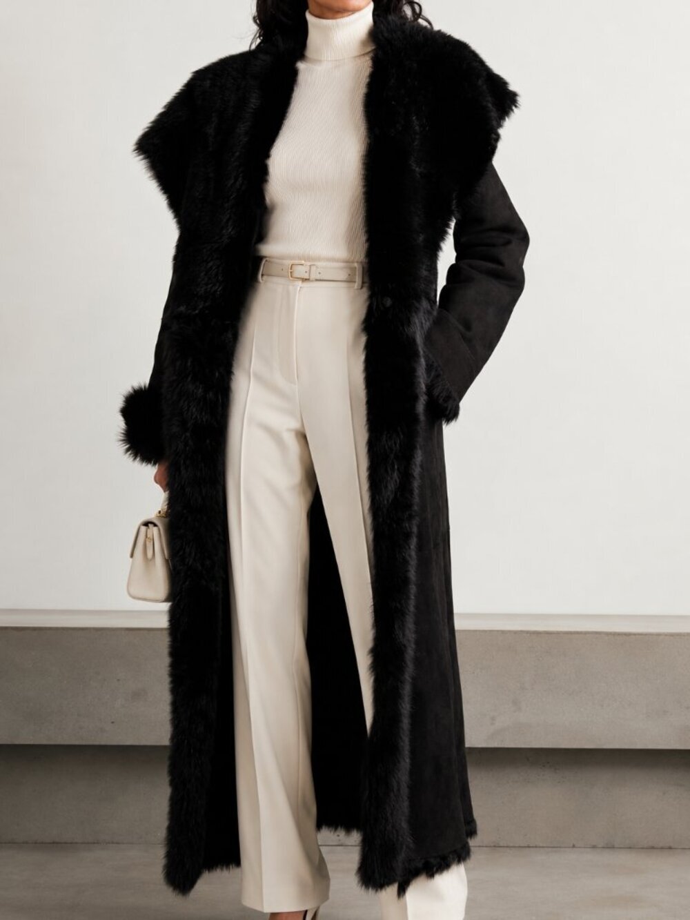 Reversible Genuine Shearling Sheepskin Coat Black Long Fur Winter Jacket L